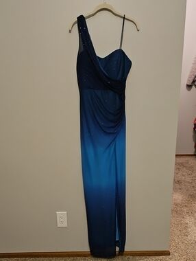 Onyx Nite Navy to Teal Ombre One-Shoulder Evening Gown